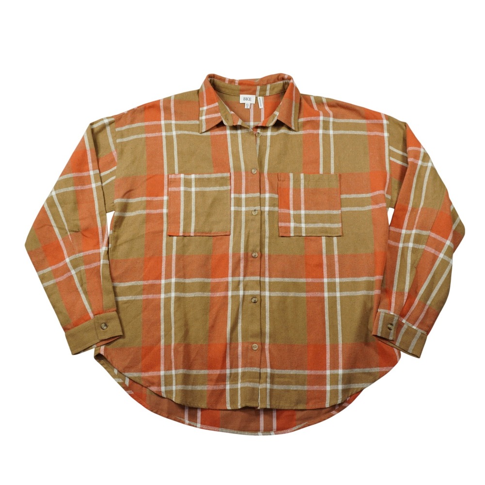 BKE Boyfriend Flannel Shirt Women's XL Tan Orange Plaid Button Down Western NEW